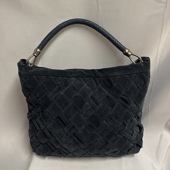 NWT Velvet Woven Large Folding Hobo Bag Navy Blue Leather Handle New With Tags - Picture 1 of 7